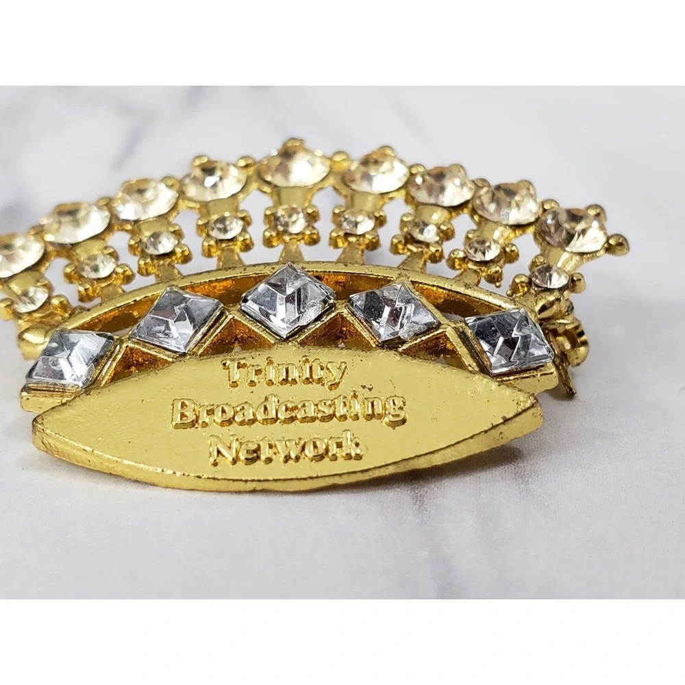 Trinity Broadcasting Network Rhinestone‎ Crown Brooch Pin Gold Tone Christian TV